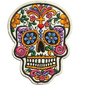 White Sugar Skull Iron on Patch Embroidered Cross Heart Floral Dia delos Muertos